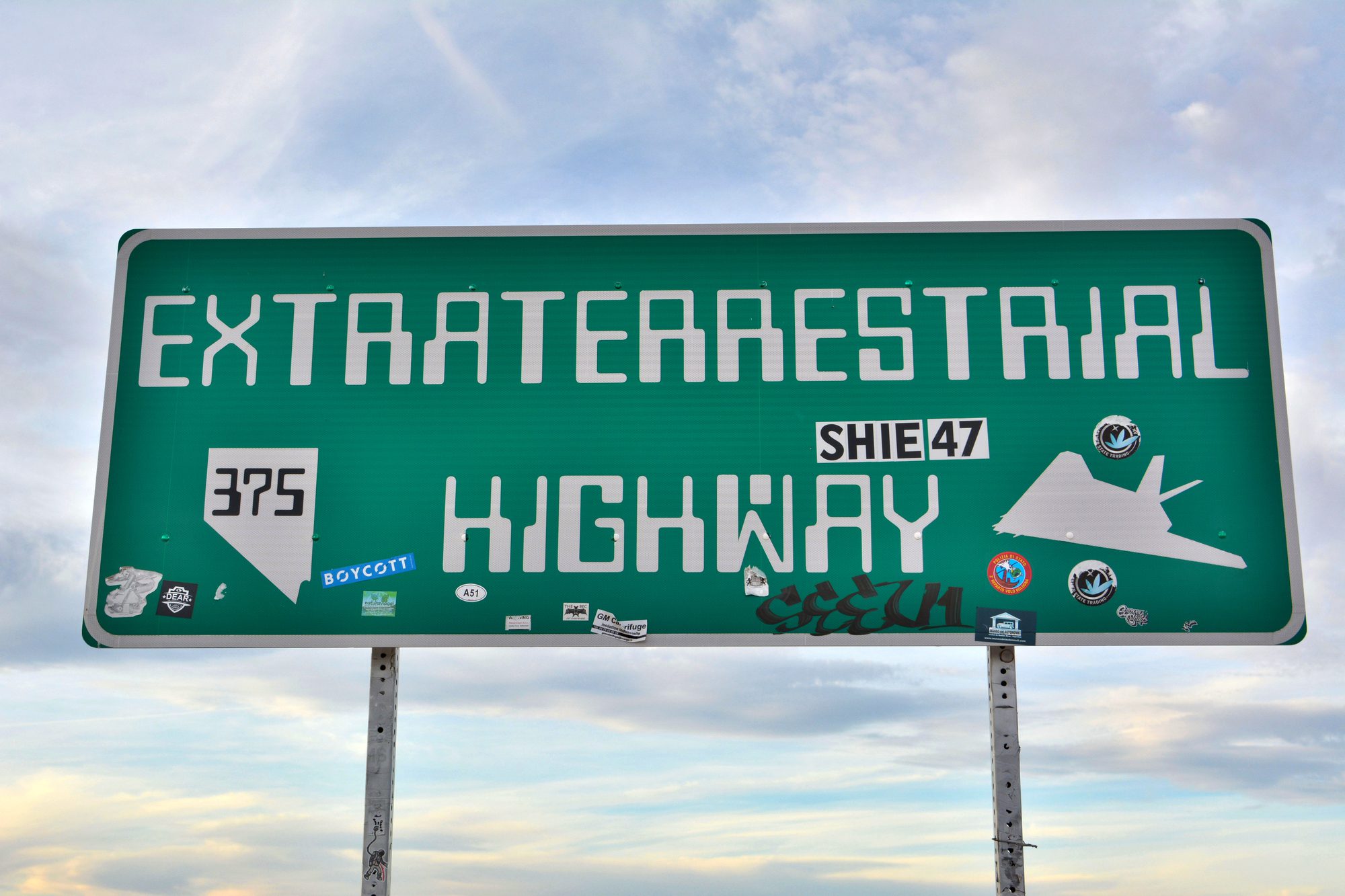 Extraterrestrial Highway sign on SR-375 highway in Rachel, NV.
