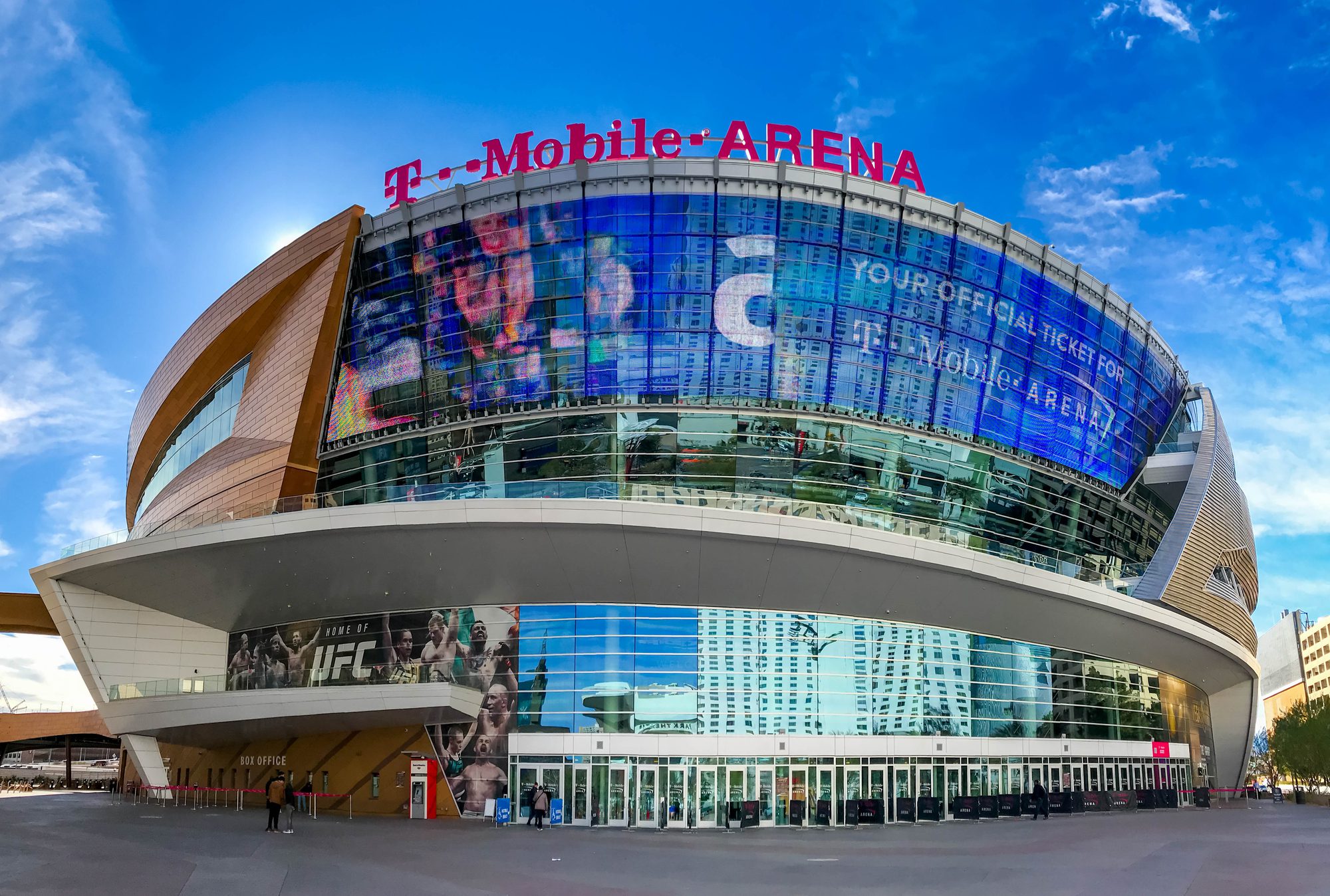 LAS VEGAS, NV, USA - FEBRUARY 2019: Panoramic exterior view of the T Mobile Arena in Las Vegas. It is the home of the Golden Knights ice hockey team.